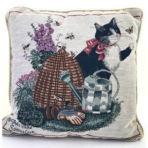 PILLOW-TAPESTRY-ADRIENNE SAMUELSON-Cat-Garden-Bees-Butterfly-Country-12" x 12"